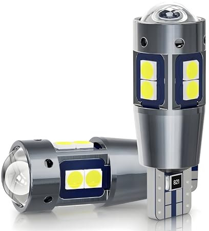Luci Posizione Led CANBUS T10 W5W 6000K 10 Led SMD Con LENTE Coppia Lampadine NO ERRORE Bianco Ghiaccio