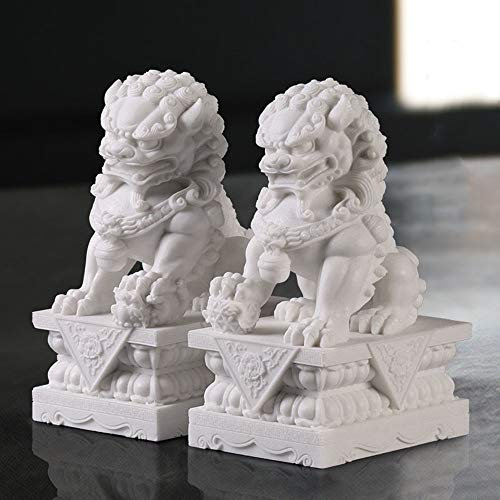 QMZDXH EIN Paar Fu FOO-Hunde Statue, Feng Shui Fu Dog Dekoration, Chinesisches Traditionelles Glücksverheißendes Tier-weiße Marmor-Jade Guardian Wehren Schlechte Energie