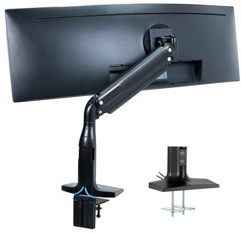 VIVO Soporte de monitor ultraancho de aluminio, clásico + USB, se adapta a pantallas de hasta 49 pulgadas, brazo neumático articulado único, puertos USB, abrazadera en C y soporte de escritorio con