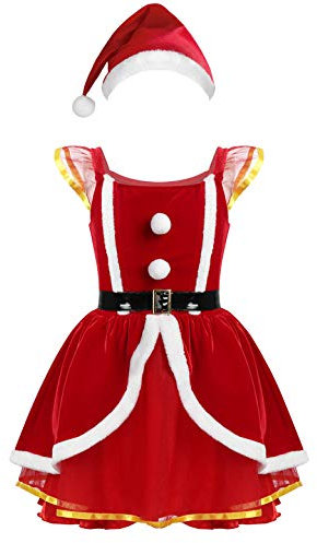 iEFiEL Glitzer Weihnachtself Kleid für Kinder Mädchen Weihnachtskleid Pailletten Tutu Rock Weihnachtsbaum Partykleid mit Hut Performance Tanzkostüm Rot Samt Kleid 134-140