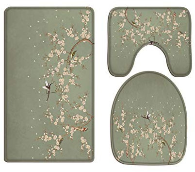 A.Monamour Badezimmer Badematte 3 Teilig Set Aquarellvogelbaumzweig Blüht Grünen Hintergrund Flanell WC Toilette Deckel Deckt Bad Matte Teppich Badteppiche Badvorleger Badgarnitur Vorleger
