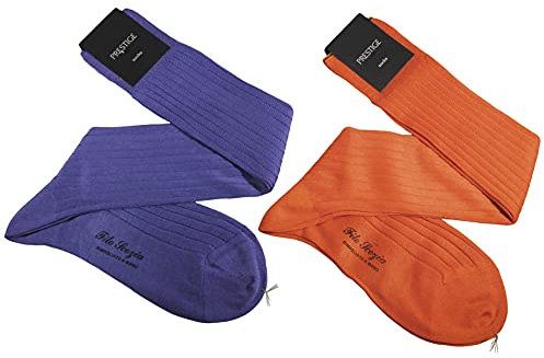 (2 PAIA) Calze uomo lunghe a coste in pregiatissimo cotone 100% filo scozia MODA (ANEMONE-ZUCCA, 39-41, numeric_39)