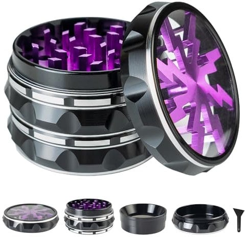 Clear Top Herb Grinder Metal Large 2.5'' Large 4-Part, Aluminum Alloy Spice Grinder with Pollen Catcher (Black Purple)