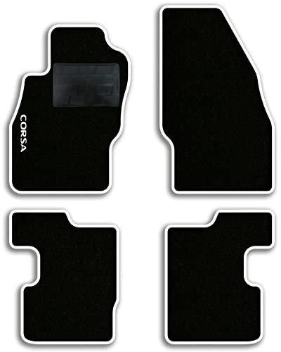 QUEMAR Auto-Fußmatten-Set kompatibel mit Opel Corsa D - E 2006-2019/Set Fußmatten aus Teppich und Gummi nach Maß (2 vorne + 2 hinten)/ Stickerei und personalisierte Farben (1 Stickerei, weißer Rand)