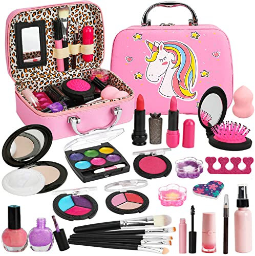 Kinder Schminkkoffer Mädchen Spielzeug, Kinderschminke Set Mädchen, Kinder Schminkset Mädchen, Schminke Mädchen Make up Set Halloween Weihnachts Geburtstags Geschenke für Mädchen 4 5 6 7 8 9 10 Jahre
