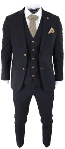 Mens Black 3 Piece Suit Brown Trim Classic Birdseye Vintage Wedding Grooms - Black 44