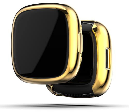 GMUJIAO 2-Stück Hülle für Fitbit Sense 2,Stoßabsorbierende Dünn Designte Schutzhülle,Rundum Schutzhülle HD Ultradünne Schutz Case-Gold