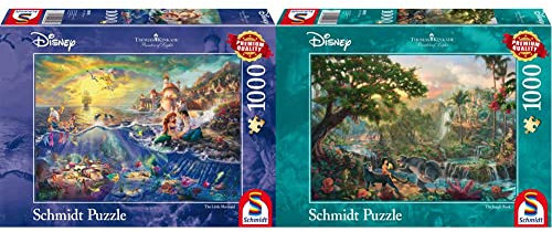 Schmidt Spiele 59479 Thomas Kinkade, Disney Kleine Meerjungfrau, Arielle, 1.000 Teile, Bunt, 693 x 493 mm & 59473 Thomas Kinkade 59473-Thomas, Disney Dschungelbuch, Puzzle, 1000 Teile, Bunt