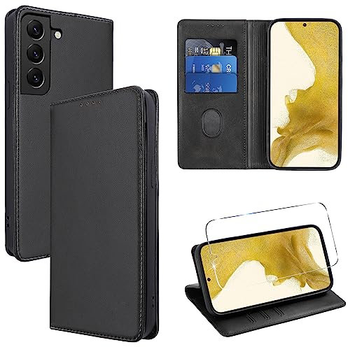 Vauki Funda Cuero para Samsung Galaxy S22 5G con 1 Cristal Templado Carcasa PU Tipo Cartera Soporte Tarjetas Case Ranuras Soporte Plegable Tapa Libro Movil Flip Caso para Samsung S22 5G 6.1, Negro