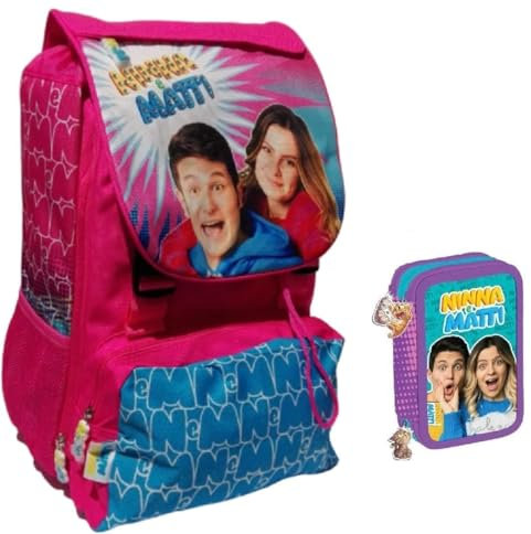 PRESTIGE & DELUXE Mochila escolar Ninna y Matti extensible rosa + estuche de 3 pisos + regalo 7 bolígrafos borrables + bolígrafo luminoso LED + llavero de lentejuelas, multicolor, talla unica