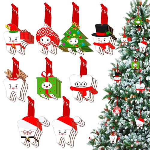 Hoteam Weihnachtszahn-Ornamente für Baum, doppelseitiger Druck, Weihnachtsgeschenke für Zahnarzt, Labor, Techniker (niedliche Zähne), 18 Stück