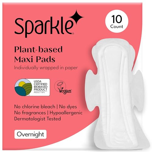 Sparkle Sanitary Pads for Women Overnight, Plant-Based Maxi Pads with Wings | Feminine Pads | Organic Pads | Period Pad Softer Than Cotton Pads, Heavy Absorbency, Unscented (Overnight Pads, 10 Count)