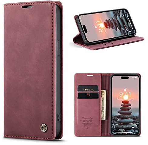niloucase Kompatibel mit iPhone 15 Pro Hülle Leder,Magnetverschluss Premium PU Leder Flip Case,Standfunktion.-rot