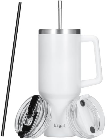BAG.IT Travel Mug with Straw and Lid 40oz, Tumbler with Handle, Stainless Steel Travel Flask with +2 Straws & Lids | Leak Proof Coffee Stanle Cup for Hot or Iced Drink (White,1200ml)