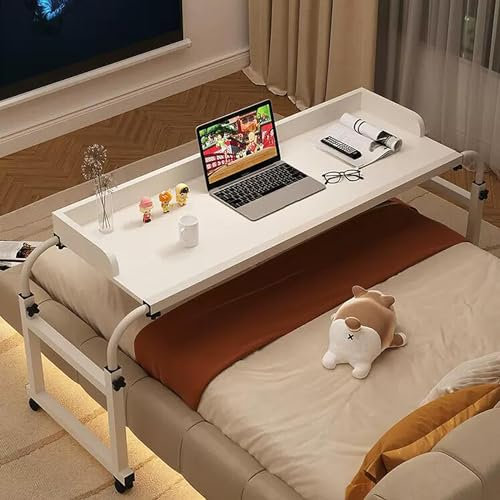 GXQFC Table de Lit Réglable, Table de Chevet Trolley 115-210CM Table pour Ordinateur Portable Table Ordinateur à 4 Roulett Verrouillable pour Chambre Canapé(Color:Blanc)