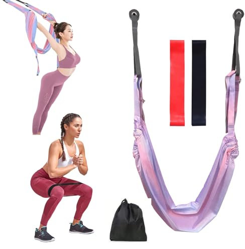 Yoga Straps for Stretching, Aerial Yoga Hammock Silks with 2 Resistance Bands, Gymnastics Equipment, Pilates Reformer Machine Kit, Yoga Wheel for Aerial Yoga, Fitness, Splits (Pink Purple)