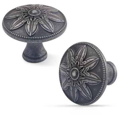 Xlroaafs 4 Stück Antik-Silber-Schrankknäufe, Vintage-Kommodenknöpfe, Schubladenknäufe, 3,6 cm, rund, Vintage-Silber, Küchenschrankknäufe für Schränke und Kommoden, rustikal
