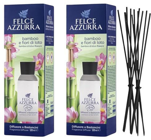 Felce Azzurra Diffusore Ambiente a Bastoncini, Fragranza Bamboo e Fiori di Loto, Formato 120 ml (2 unità) + Ricambio 10 Bastoncini per Diffusori Neri