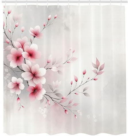 ABAKUHAUS Rosa Duschvorhang, Japanische Vibes Kirschblüten Sakura Blüten auf träumerischem Himmelsdruck, Stoffliches Gewebe mit Haken, 175 x 180 cm, Blasses Grau Magenta Rouge