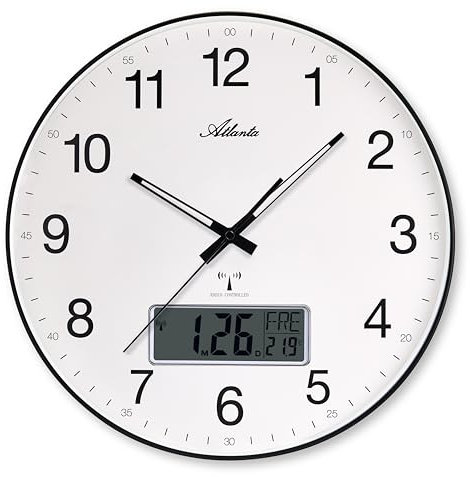 Große Funk Wanduhr Analog LCD Digital Datum Temperatur 37cm zusätzliche Außenantenne - 4573