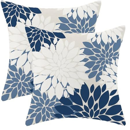 CXMEIFLY Sommer-Outdoor-Kissenbezüge, marineblau-weiß, 45,7 x 45,7 cm, Set mit 2 Stück, Dahlie, Blumen-Dekor, moderne Geometrie, Blume, dekorative Kissenbezüge für Sofa, Couch, Bett, Dekorationen
