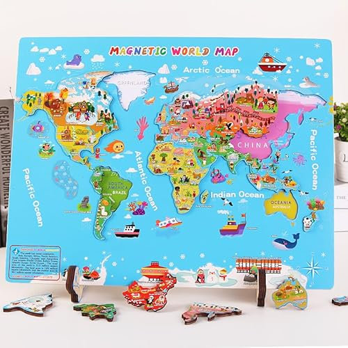 Holzpuzzle - magnetische Weltkarte, DIY Puzzle für Kinder und Erwachsene, Lernspielzeug, zum Reisen geeignet