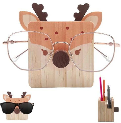 Daily Treasures Porte-lunettes en bois de cerf,Porte-lunettes animalier avec étui de rangement pour la papeterie,Porte-lunettes en bois fait à la main,Présentoir de lunettes de soleil cadeau