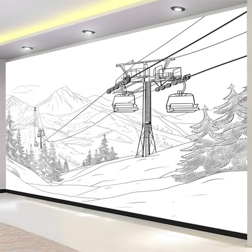 PLEETS Style D'Esquisse Papier Peint Panoramique téléski de montagne Papier Peint Intissé Sans Raccord Poster Geant Mural 350 x 256 cm pour Salon Chambre d'enfants restaurant Décoration Murale