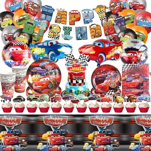 Car Birthday Decorations,85pcs Auto Birthday Decorations Include Car Balloons Birthday Banner Plates Napkins Tablecloths Cake Topper for Kids Car Theme Birthday Party
