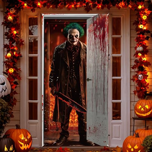 Halloween Door Cover Decorations Horror Door Banner Clown Door Cover Porch Banner Scary Decor Clown Backdrop Halloween Birthday Party Supplies for Front Door