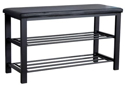 Home Source Shoe Storage Bench, 2 Open Shelves, Black Metal Frame, Bedroom Hallway Entryway Organiser, Black PU Leather Padded Seat