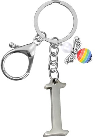 Porte-clés pour homme et femme en métal avec lettre de l'alphabet personnalisable avec breloque ange, cadeau d'amitié, cadeau de 18e anniversaire, porte-clés de voiture (I)