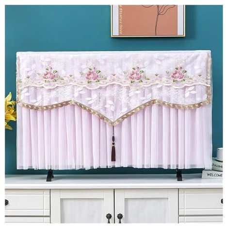 VONCYKI Abnehmbare TV-Abdeckung, Staubschutz, Spitzenstickerei, zum Aufhängen, TV-Schrank, TV-Schutzhülle, Staubschutz (Farbe 04 Rosa, 160 x Höhe 98 cm)