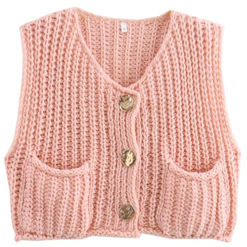 OLIPHEE Pull sans Manche Femme Pull Court Col V Gilet Femme Gilet Tricoté Veste Couleur Unie Sweater Casual Basique Élégant Cardigan Tricoté Printemps Automne