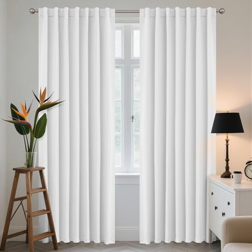 Joydeco Rideau Occultant Thermique Blanc 140x260cm, Rideaux Thermiques Isolants Anti Foid et Chaleur Anti Bruit Anti UV à Pattes Cachées et Passe Tringle pour Salon Chambre Balcon - 2 Pièces