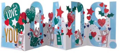 Hallmark One I Love Christmas Card, Bears, Jumbo 3D Pull-Out, Blue, Green | Measures 22.8cm X 65cm X 12cm, Red Envelope Included, Fully Recyclable, Embossed and Die-cut Details, Single Item