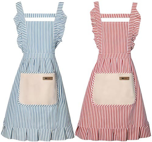 G-LIKE Damen Mädchen Schürze Küchenschürze – 2er Set Kochschürzen mit Spitzen Tasche Schnüren Ölbeständig Schmutzabweisend Baumwolle Leinen Korallenvlies für Kochen Backen Grillen (RotBlau)