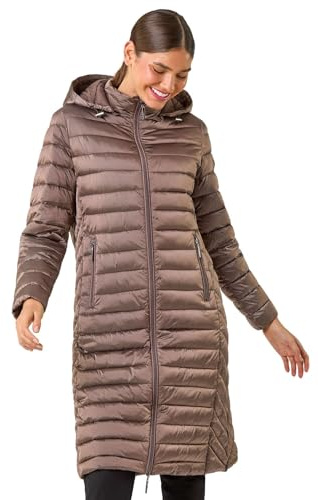 Roman Originals Women Padded Longline Coat with Hood - Ladies Zip Through Autumn Winter Long Length Lightweight Quilted Warm Cosy Everyday Zip Up Casual Jackets Coats - Light Mocha - Size 14