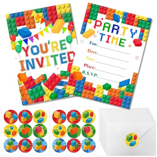 Huxolynifty Building Bricks Einladung Karte,51pcs Bausteine Partyeinladungen, Bausteine Geburtstagseinladungen mit Umschlag Aufkleber für Bausteine Geburtstag Party Deko Geschenk