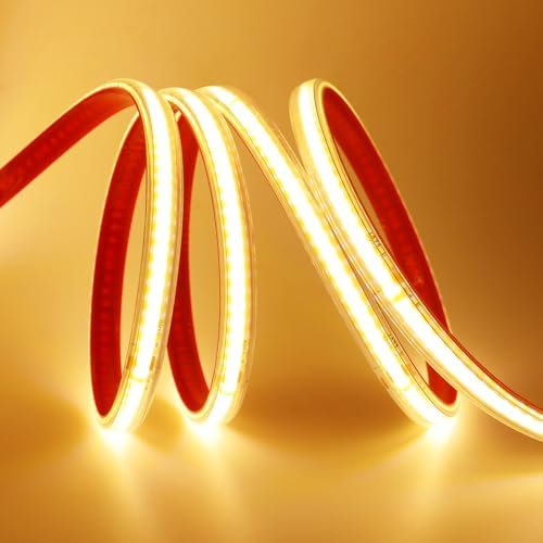 HEGEHE 220V COB Bande LED Autocollant, Découpe Tous les 10cm, Etanche Bande Lumineuse Super Lumineux 288 LEDS/M Flexible Bande lumière (Blanc chaud, 1M)