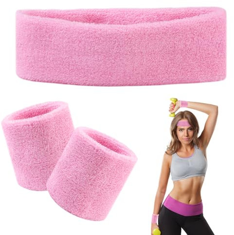 3 Stück Schweißband-Set, Saugfähige Handgelenk Schweißbänder für Damen, Herren, Fitness Arm Schweißband, Weicher Baumwolle Sports Headband Bracelet Set, für Exercise Handball Fußball Tennis (Rosa)