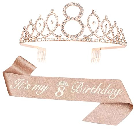 Geburtstag 8 Jahre Mädchen Deko Set – 8. Roségold Geburtstagskrone, Schärpe | Kristall Krone Tiara mit Haarschmuck, Geburtstagsdeko, It's My 8 Birthday Girl, Prinzessin Party Accessoires Fotoshooting