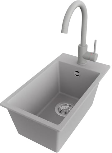 PRIMAGRAN Granitspüle ab 30er Unterschrank + Küchenarmatur, 28x50cm | Set: Küchenarmatur BW5010 + Ablauf-Set (Siphon, Ablaufgarnitur, Überlauf) + Spülbecken 1 Becken - Riga, Grau