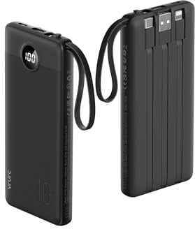 VRURC Power Bank, Powerbank 10000mAh mit 4 integrierten Kabeln | USB-C Externer Handyakku, LED-Display mit 5 Ausgängen & 2 Eingängen, Ladegerät für iPhone Samsung Huawei Android