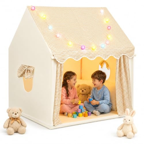 eSynic Kinderzelt Spielzelt in Beige Kariert mit LED Lichterkette Stabiles Kinderspielzelt mit Metallstangen 120×100×130 großes Spielhaus für Drinnen & Draußen Geschenk für Jungen & Mädchen