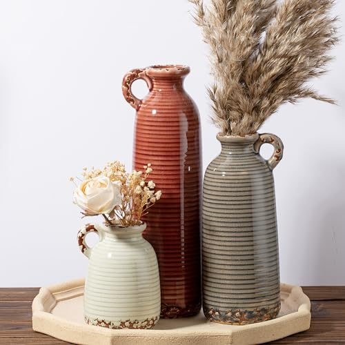 Sawoake Keramische Vase Set von 3 mit Griffen, braune neutrale rustikale Moderne Bauernhaus Boho Dekor, vielseitig als Tisch Mittelstück oder Mantel & Regal Akzent - einzigartige Heim Geschenkidee