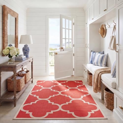 SAFAVIEH Washable Rug Outdoor Courtyard Collection - 4' x 5'7, Red, Non-Shedding & Easy Cleaning, Ideal for Patio, Backyard, Mudroom (CY6243-248)