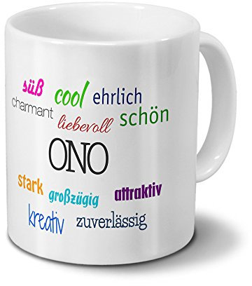 Tasse mit Namen Ono - Motiv Positive Eigenschaften - Namenstasse, Kaffeebecher, Mug, Becher, Kaffeetasse - Farbe Weiß