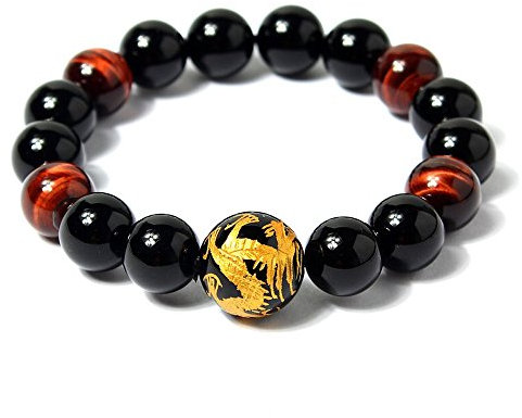 COAI 12mm Bracelet Pierres Véritables Obsidienne Noire Œil de Tigre Rouge Dragon Gravé Homme