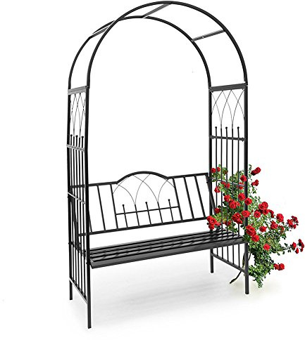 BAKAJI Panchina 2 Posti con Arco da Giardino per Piante Rampicanti in Metallo, Pergolato Griglia per Rose e Piante Colore Nero, (115 x 59 x 203 cm)